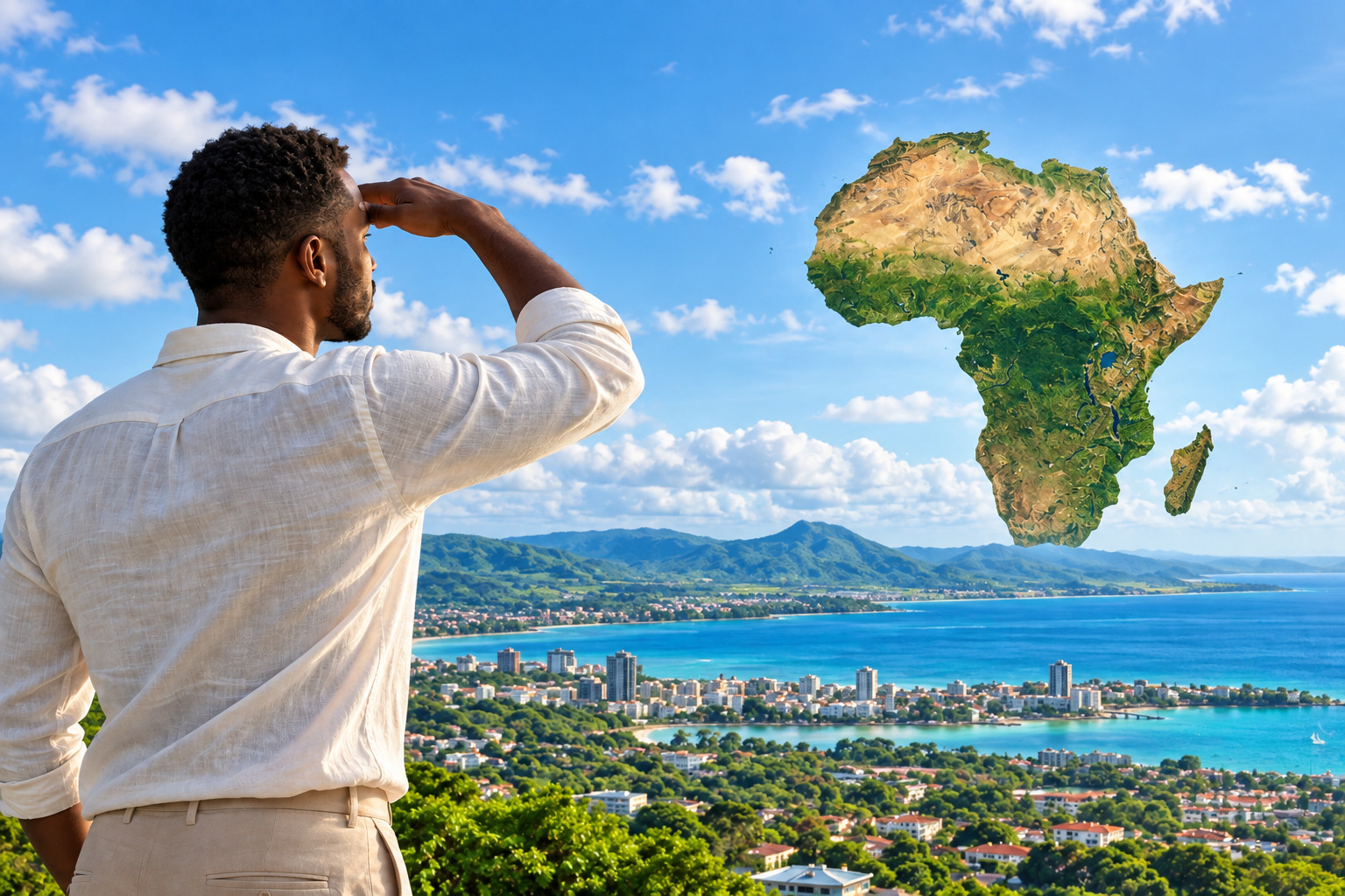 Une personne regarde au loin la carte de l’Afrique, la main au-dessus des yeux